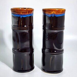 2 Libbey Ceramic Tiki Tall Volcano Drip Bamboo Style Cocktail Tumbler Set VTG